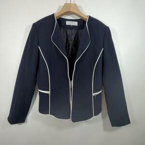 Tahari Arthur S Levine Navy White Piped Blazer Jacket Size 12